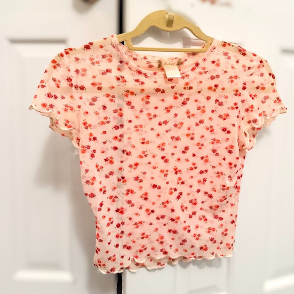 Altar'd State Pink Ditsy Floral Mesh Lettuce Edge Top